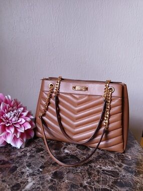 Michael Kors Tan Quilted Chevron Shoulder Bag with Gold Chain